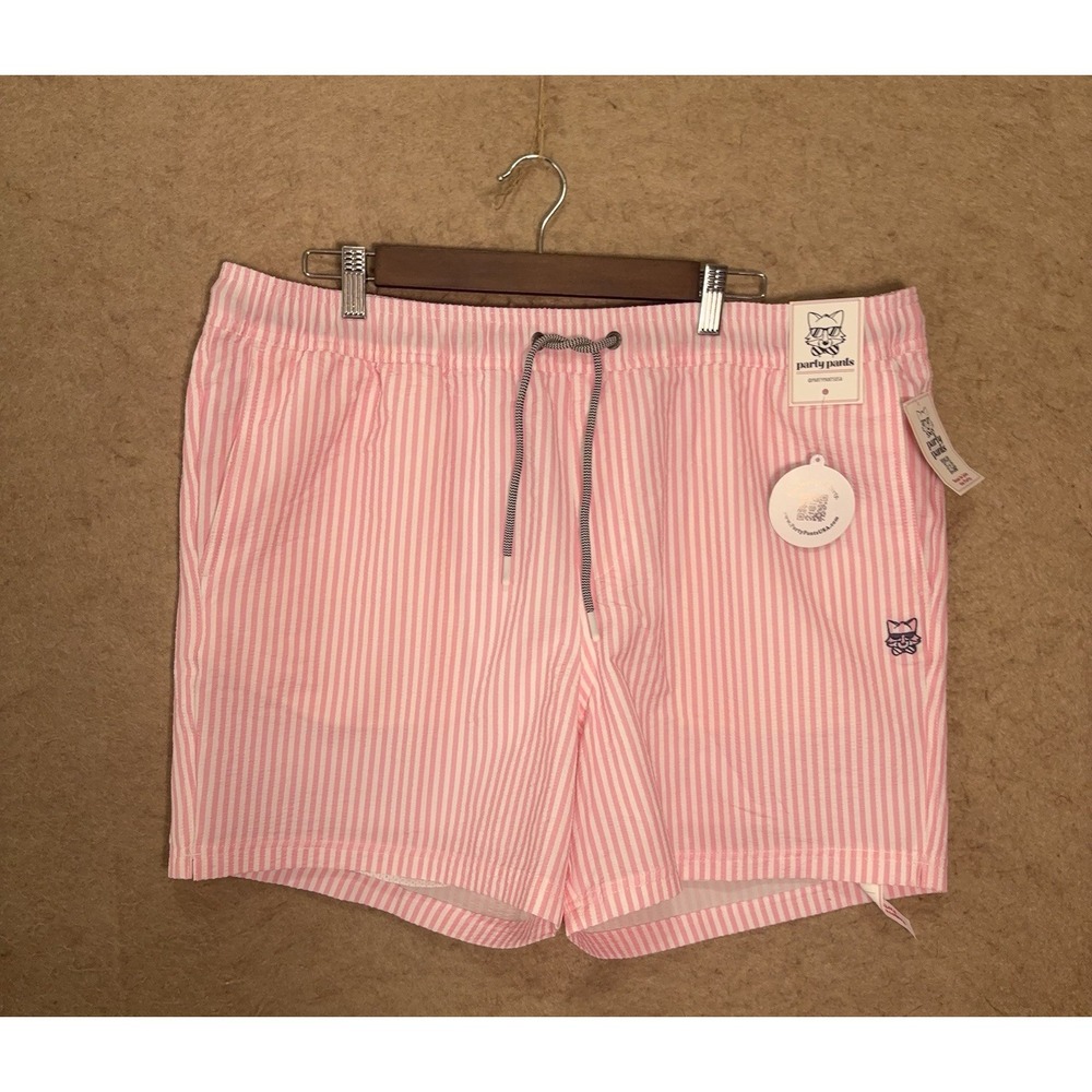 Party Pants Fabio‎ Seersucker Swim Trunks Mens XXL Pink Striped Pockets NWT